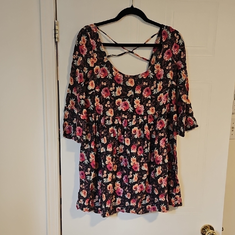 American Eagle Floral Mini Shirt Dress Womens Medium Bell Sleeve
